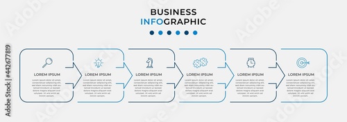 Minimal Business Infographics template. Timeline with 6 steps, options and marketing icons .Vector linear infographic with two circle conected elements. Can be use for presentation. Eps10 vector
