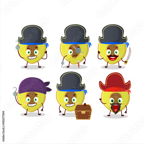Cartoon character of slice of peach with various pirates emoticons