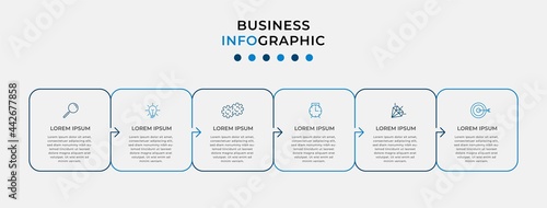 Minimal Business Infographics template. Timeline with 6 steps, options and marketing icons .Vector linear infographic with two circle conected elements. Can be use for presentation. Eps10 vector