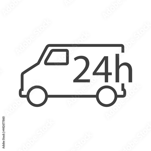 Servicio de entrega 24 horas. Icono con contorno de camión de reparto con lineas en color gris