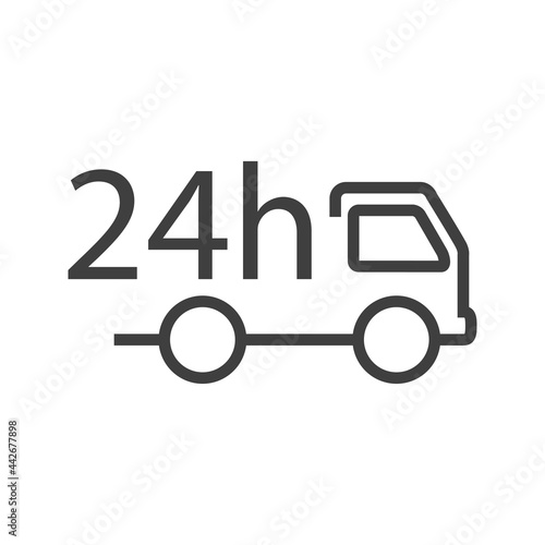 Servicio de entrega 24 horas. Icono con contorno de camión de reparto con lineas en color gris