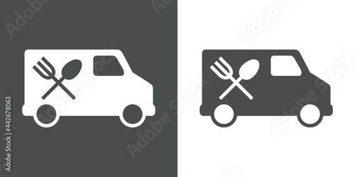 Icono con tenedor y cuchara en aspa en camión en fondo gris y fondo blanco