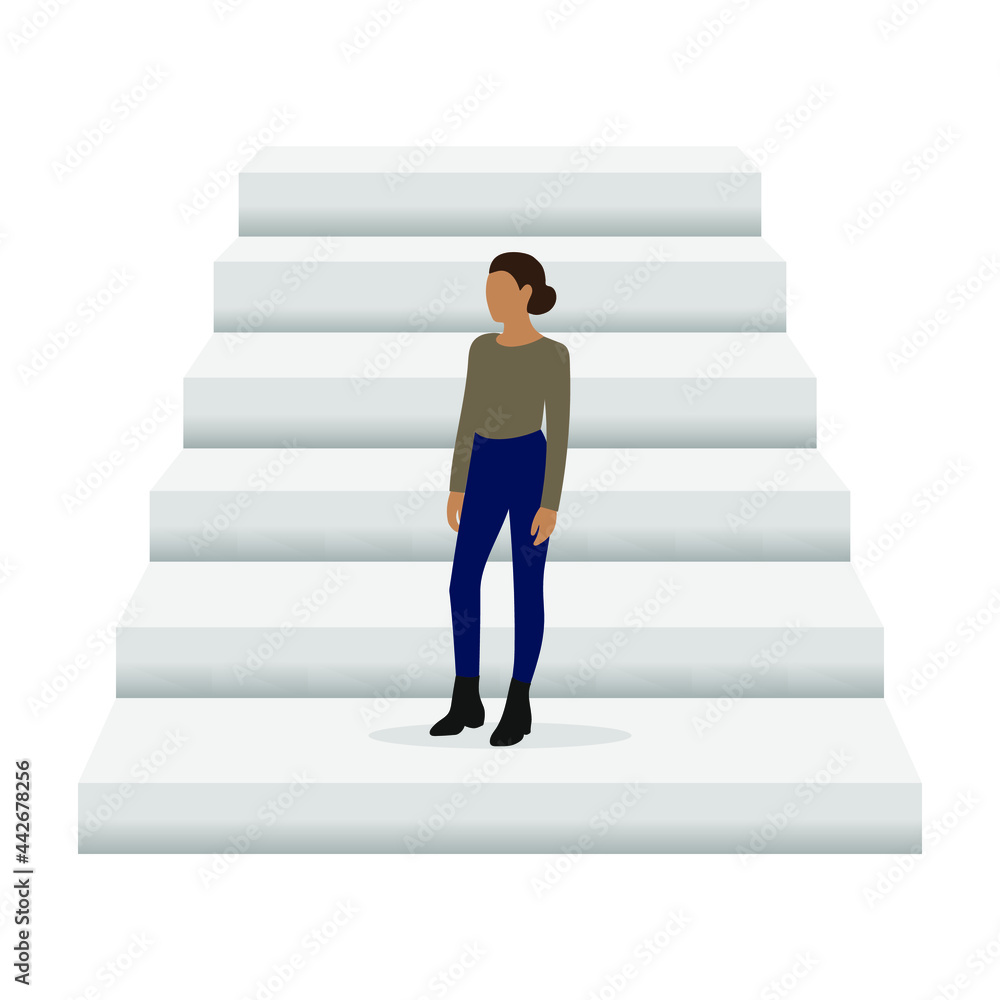 Female character stands on the bottom rung of the stairs on a white background