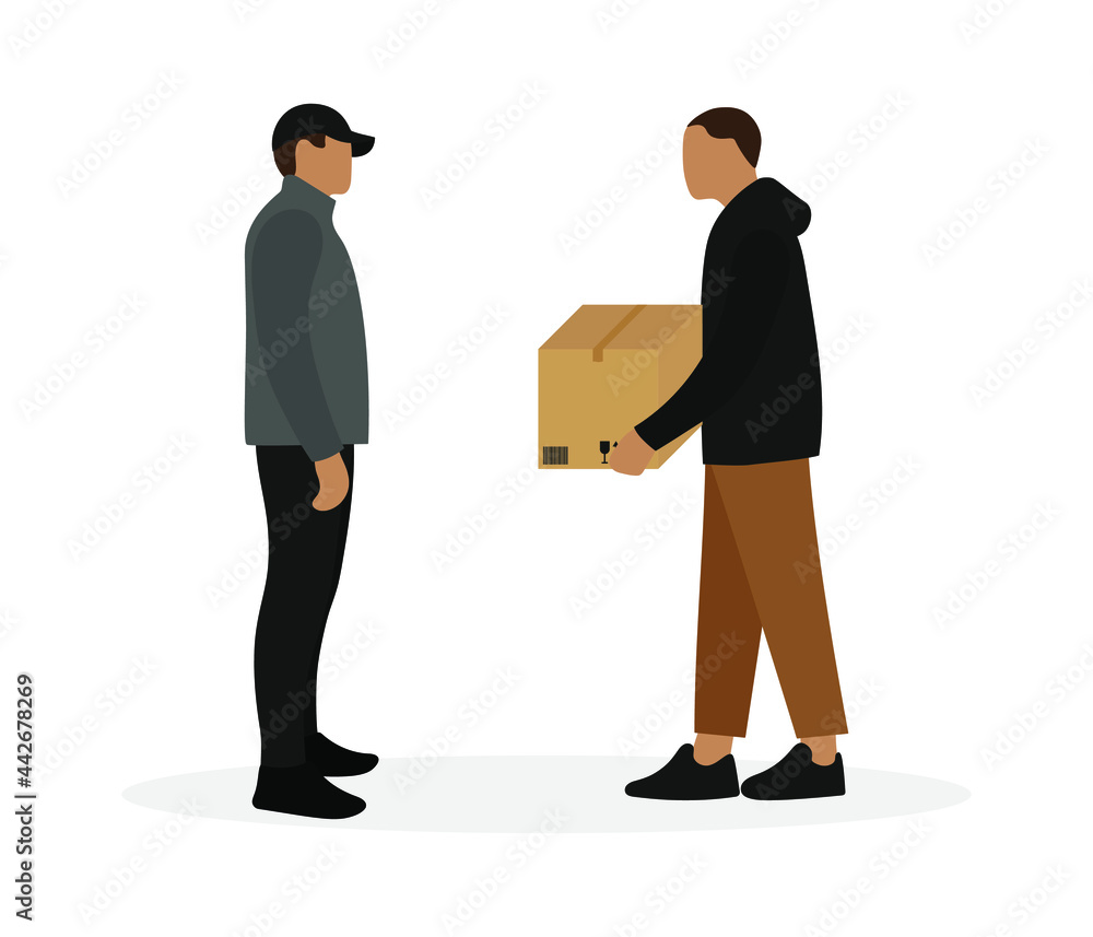 Obraz premium Two male characters, one of whom with a cardboard box in his hands, stand together on a white background