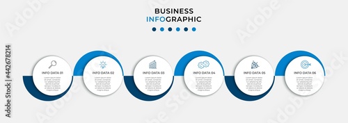 Minimal Business Infographics template. Timeline with 6 steps, options and marketing icons .Vector linear infographic with two circle conected elements. Can be use for presentation. Eps10 vector