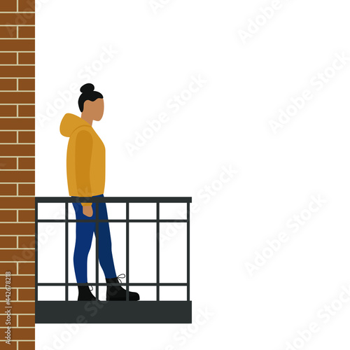 Female character standing on the balcony on a white background