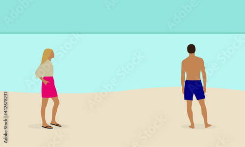 Male character and female character on the beach