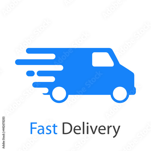 Logo con texto Fast Delivery con camión de transporte con lineas de velocidad en color azul