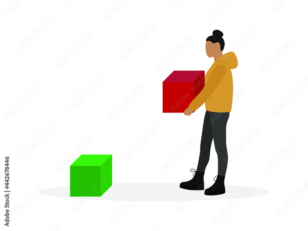 Female character carries a large cube to another cube on a white background Female character carries a large cube to another cube on a white background