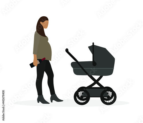 Pregnant female character with baby carriage and bottle of wine in hand on white background