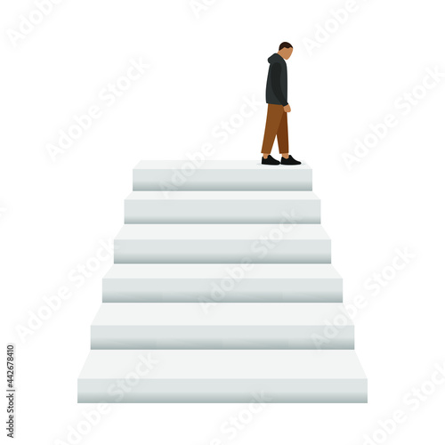 Male character standing on the top of a staircase looking down on a white background