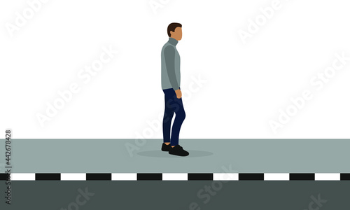 Male character stands alone on the sidewalk on a white background