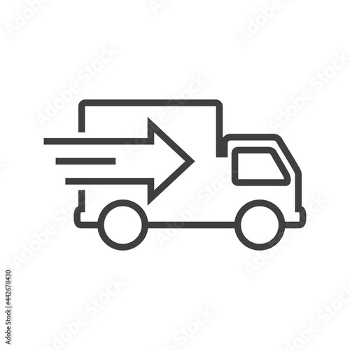 Logo con camión de transporte con flecha y lineas de velocidad en color gris 