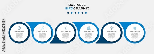 Minimal Business Infographics template. Timeline with 6 steps, options and marketing icons .Vector linear infographic with two circle conected elements. Can be use for presentation. Eps10 vector