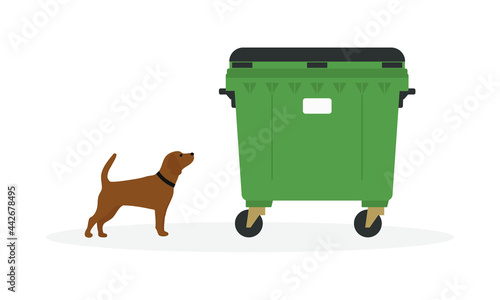 A dog with a collar stands near a trash can on a white background