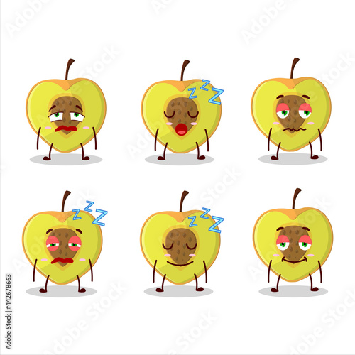 Cartoon character of slice of peach with sleepy expression