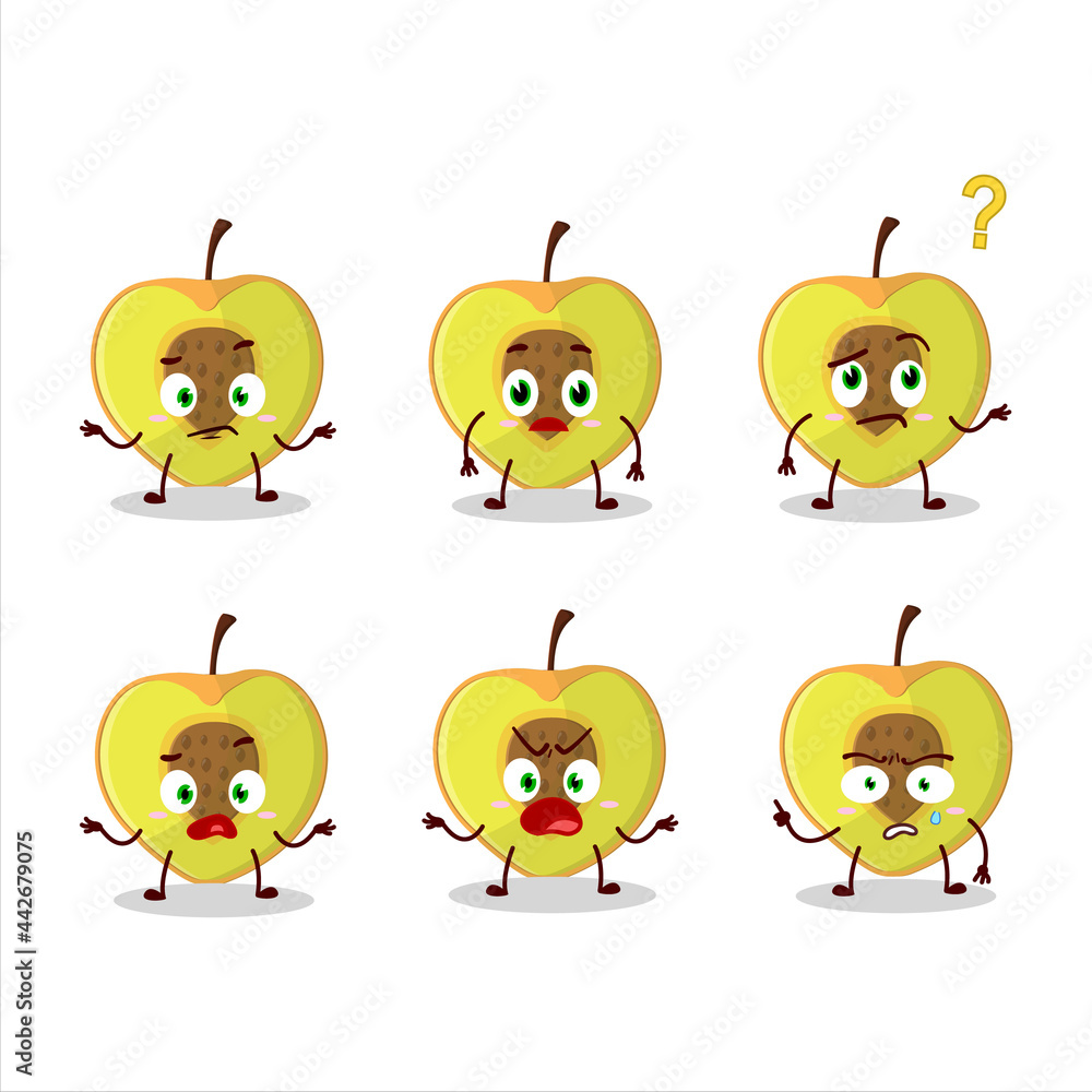 Cartoon character of slice of peach with what expression Cartoon character of slice of peach with what expression