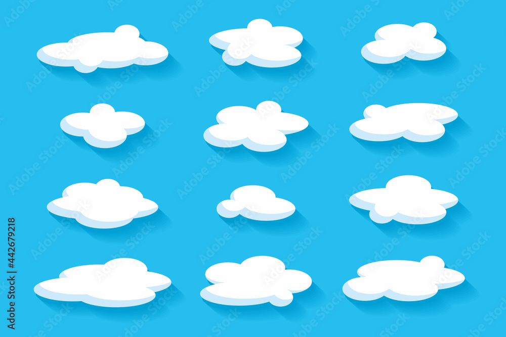 Cartoon white clouds on blue background. Different clouds set. flat style