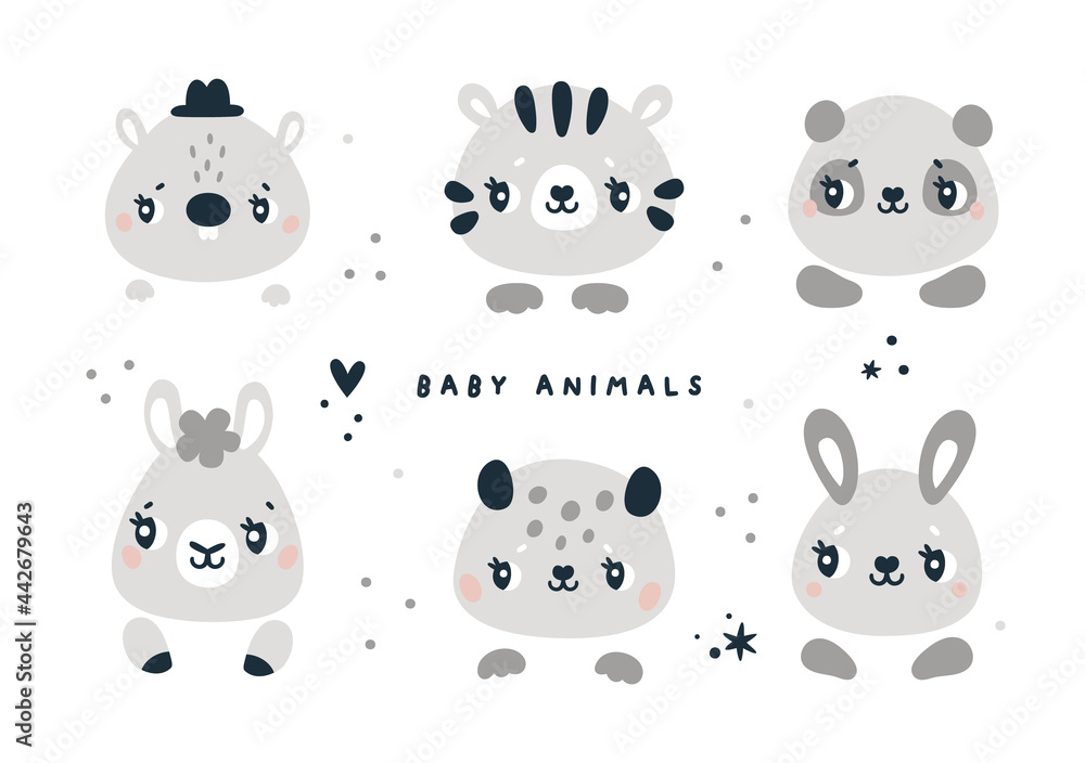 Animals face collection in cartoon style isolated on white background. Tiger, beaver, leopard, panda, alpaca, bunny, rabbit. Baby animals for baby shower party or nursery, kids prints. 
