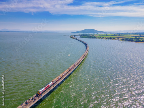 Wallpaper Mural Aerial view of Travel train parked on a floating railway bridge above the reservoir of Pa Sak Jolasid dam for tourists to take a pictures at Lopburi, amazing Thailand. Torontodigital.ca