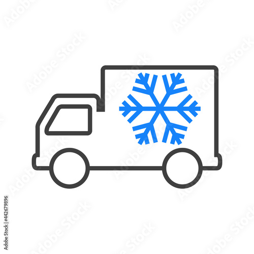 Logo con camión refrigerador con copo de nieve con lineas en color azul y gris