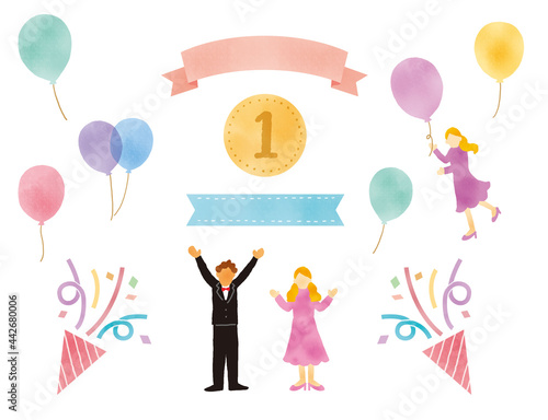 リボンとメダルとクラッカーのイラストレーションセット
