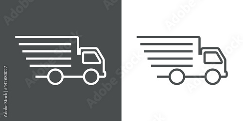 Icono con camión de transporte con lineas de velocidad en fondo gris y fondo blanco