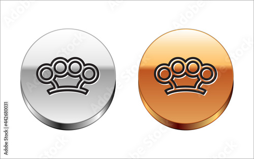 Black line Brass knuckles icon isolated on white background. Silver-gold circle button. Vector