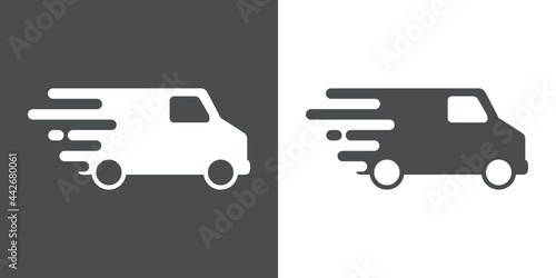 Icono con camión de transporte con lineas de velocidad en fondo gris y fondo blanco
