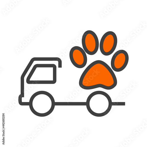 Transporte de comida para mascotas. Logotipo camión de reparto con huella de gato con lineas en gris y naranja