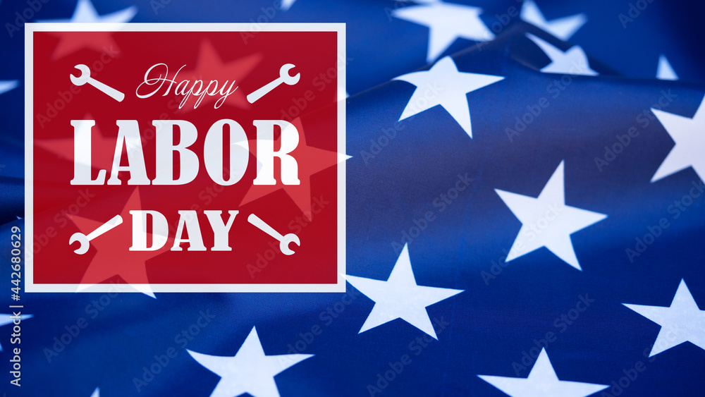 Happy Labor Day background banner greting card template - Waving American flag and lettering with working symbols Happy Labor Day background banner greting card template - Waving American flag and lettering with working symbols