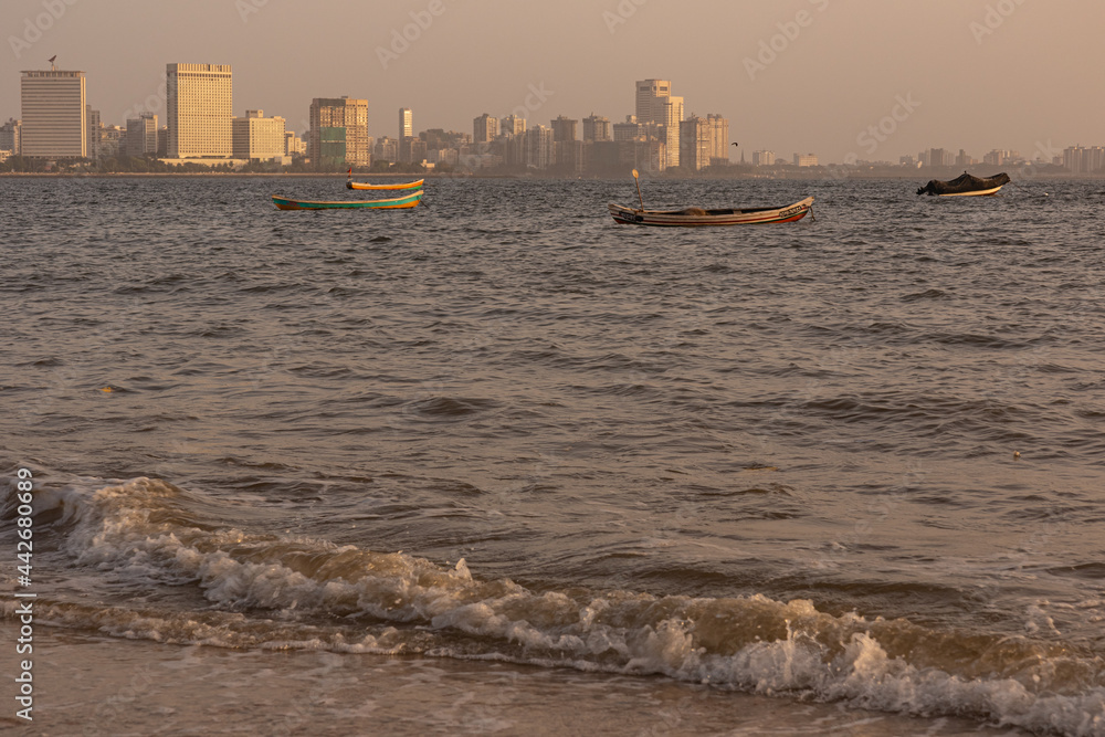 A view of the Mumbai skyline from marine drive beach at Mumbai India