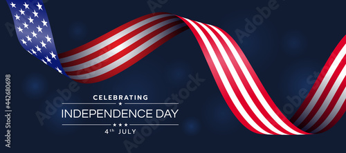 Celebrating Independence day of United States of america with usa flag ribbon waving on dark blue light background vector design
