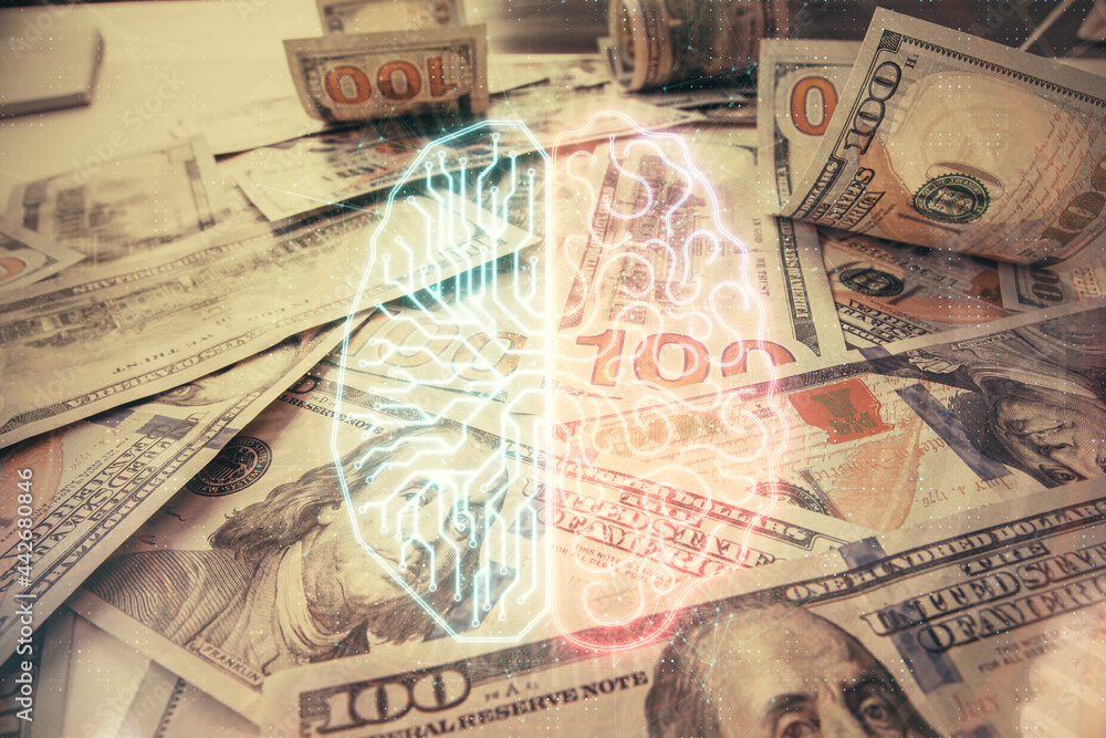 Double exposure of brain drawing over us dollars bill background. Technology concept. Double exposure of brain drawing over us dollars bill background. Technology concept.