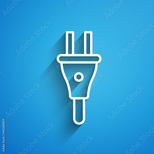 White line Electric plug icon isolated on blue background. Concept of connection and disconnection of the electricity. Long shadow. Vector