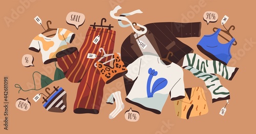 Concept of summer clothes discounts. Season big sale of women fashion garments. Special off-price offer for stock apparel with promo tags. Colored flat vector illustration