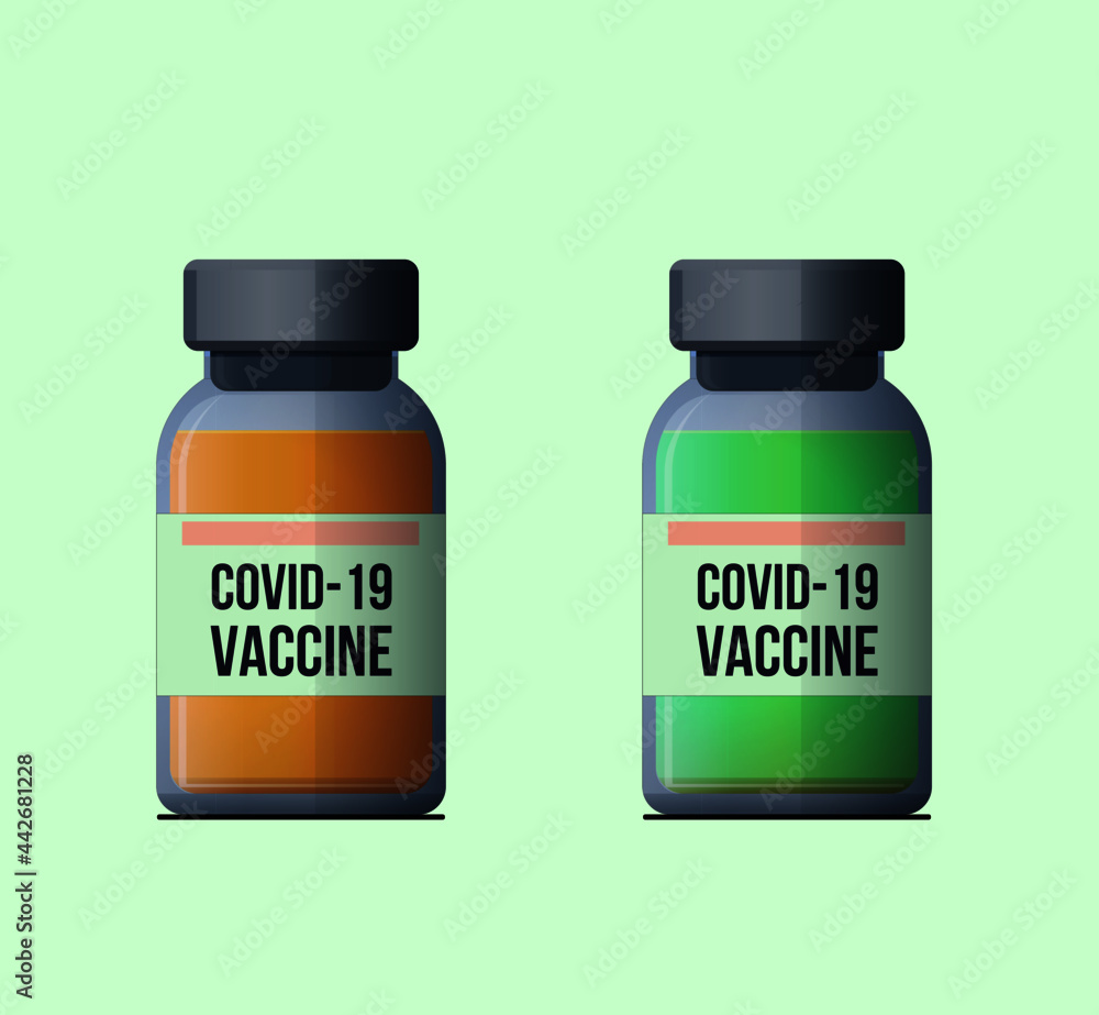 Influenza virus vaccine in a bottle close-up on a green isolated background in the illustration. Two vaccines against covid 19. A vector image. Influenza virus vaccine in a bottle close-up on a green isolated background in the illustration. Two vaccines against covid 19. A vector image.