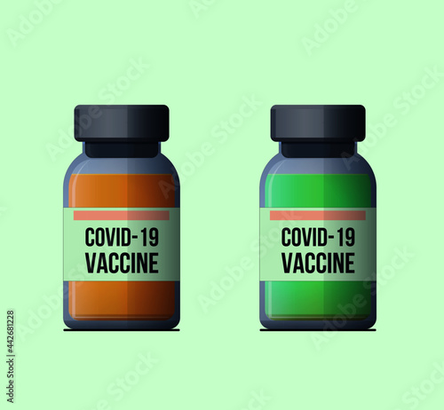 Influenza virus vaccine in a bottle close-up on a green isolated background in the illustration. Two vaccines against covid 19. A vector image.