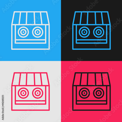 Pop art line Shooting gallery icon isolated on color background. Shooting range. Vector