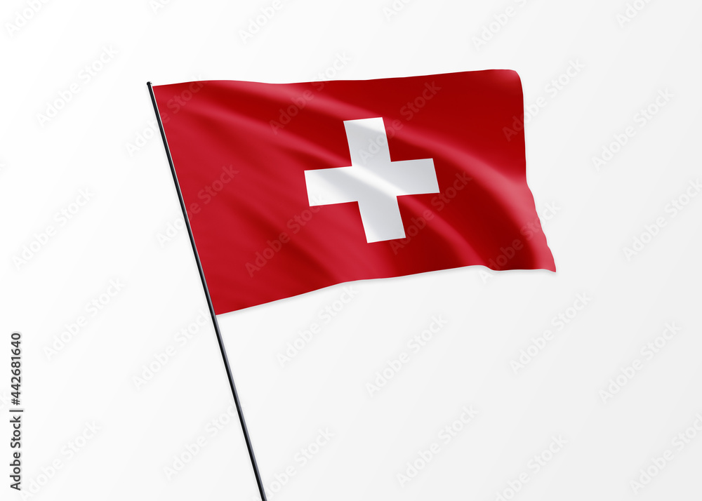  Swiss flag flying high in the isolated background Swiss independence day
