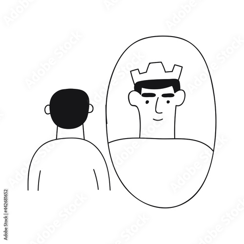 Man looking at himself in mirror. Success concept. Outline illustration on white background. 