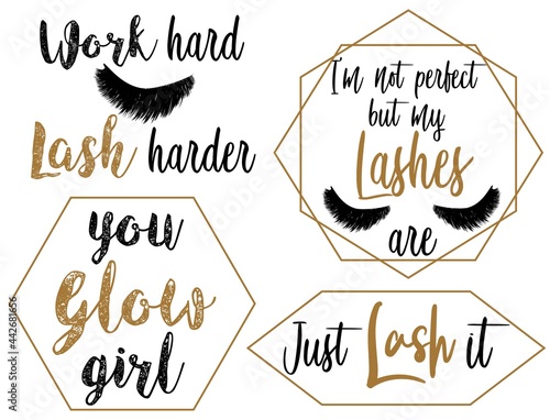 Set with fashion golden quotes about lashes and beauty. Design for girls room, beauty salon, poster, textile print.