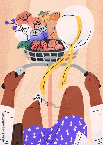 Top view of woman riding city bicycle in summer. Cyclist on retro bike with basket, hat, flowers and fruits. Female cycling with hands on handlebars in summertime. Colored flat vector illustration
