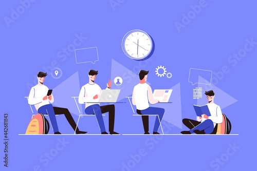Man character doing different activities