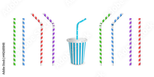 Drinking Striped and color straws for beverage. Straw and cup isolated on white background.