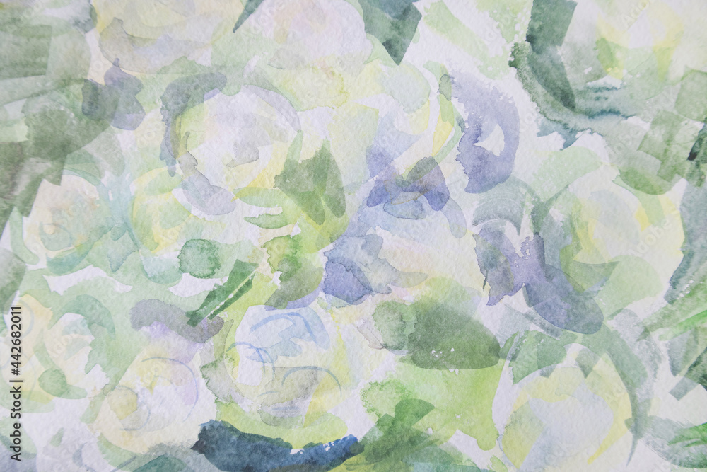 Calm background. Naturalness concept. Abstract green wallpaper. Pastel colors natural shades texture. Relax hand painted background. Pretty and delicate globeflowers.