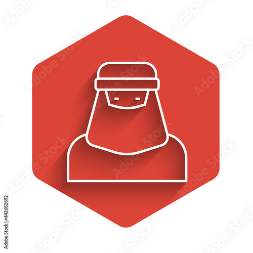 White line Muslim woman in niqab icon isolated with long shadow background. Red hexagon button. Vector