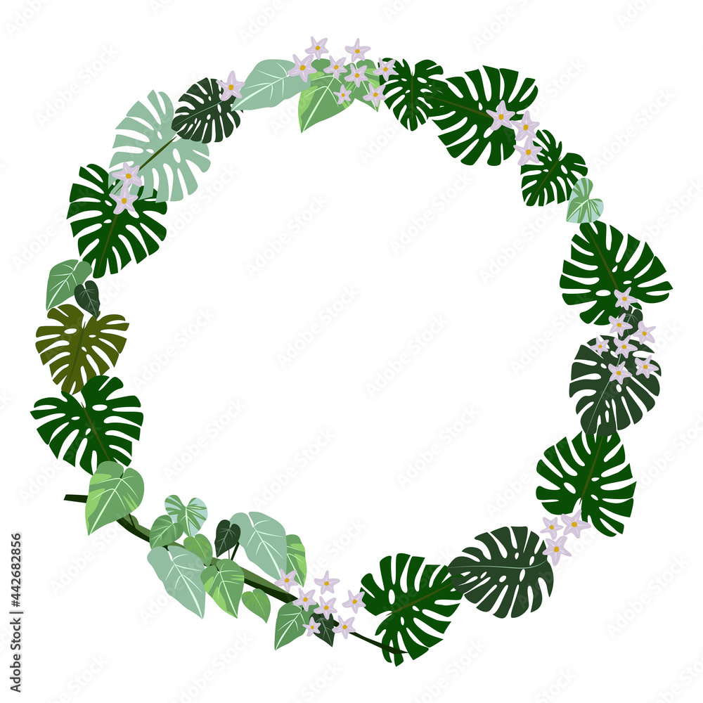 Exotic round frame made of tropical plants, green leaves and lilac flowers, vector illustration Exotic round frame made of tropical plants, green leaves and lilac flowers, vector illustration
