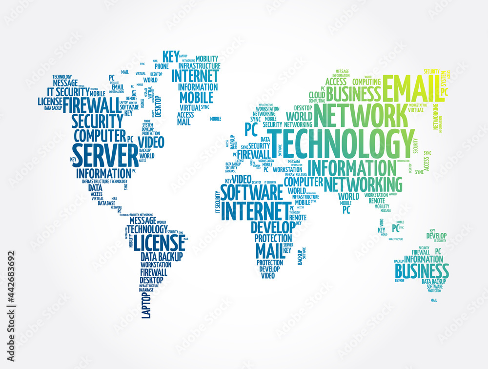 Technology word cloud in shape of world map, business concept background Technology word cloud in shape of world map, business concept background