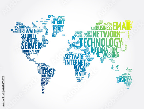 Technology word cloud in shape of world map  business concept background